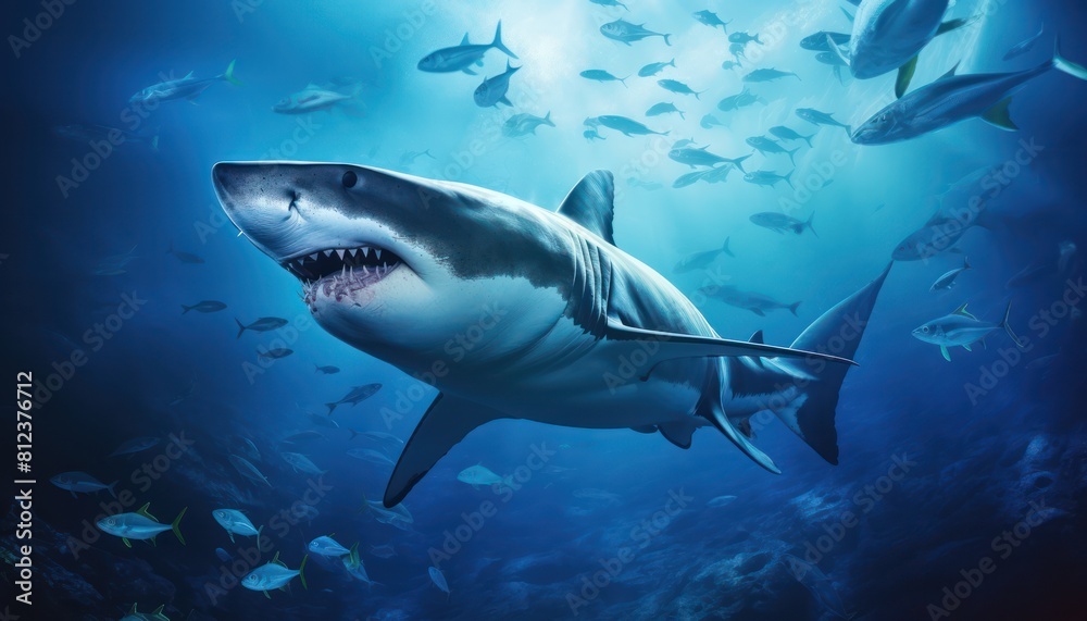 Great white shark in the ocean, portrait of White shark hunting prey in the underwater Great white shark in the ocean, portrait of White shark hunting prey in the underwater