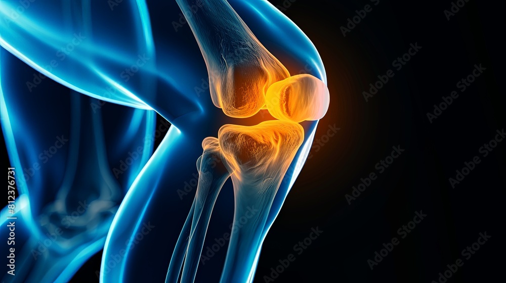 An X-ray blue of a knee with the knee joint highlighted in yellow ,MRI ...