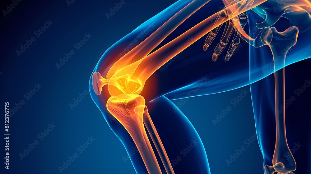 An X-ray blue of a knee with the knee joint highlighted in yellow ,MRI ...