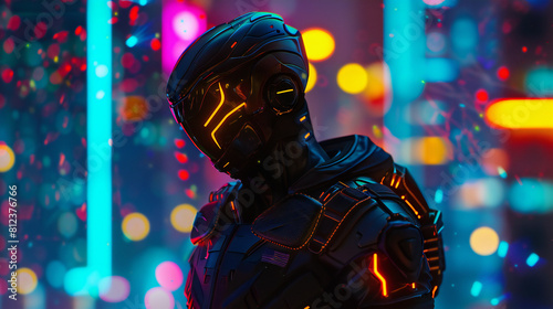 Close-up Portrait of a Dark Robotic Figure with Glowing Orange Eyes in a Colorful Blurred Background © Oldcorporal