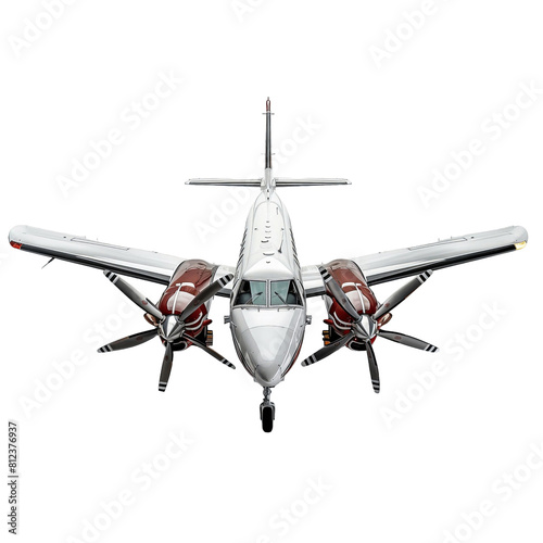 A high-resolution photo of a classic propeller plane, viewed from above, set on a pure white background perfect for white background and PNG photo