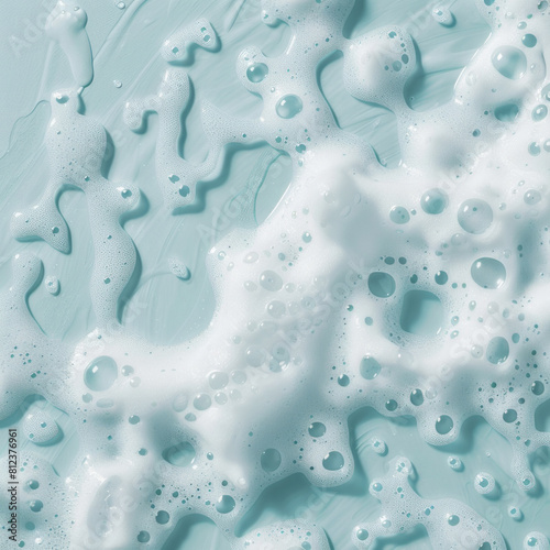 Shampoo or soap foam with bubbles on neutral background. Horizontal banner, template for advertising with space for text.