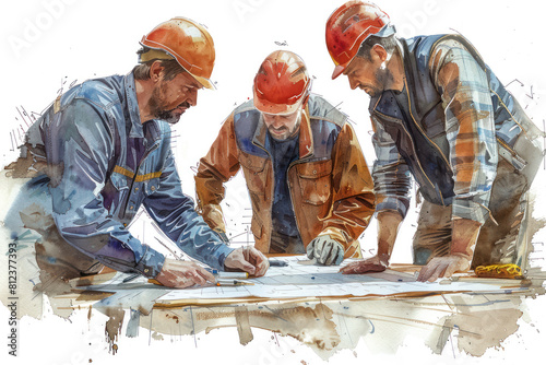 Brown watercolor paint of engineers work on blueprint at project site