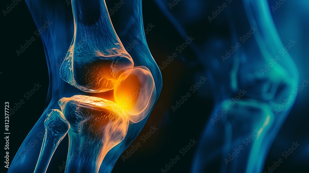 An X-ray blue of a knee with the knee joint highlighted in yellow ,MRI ...