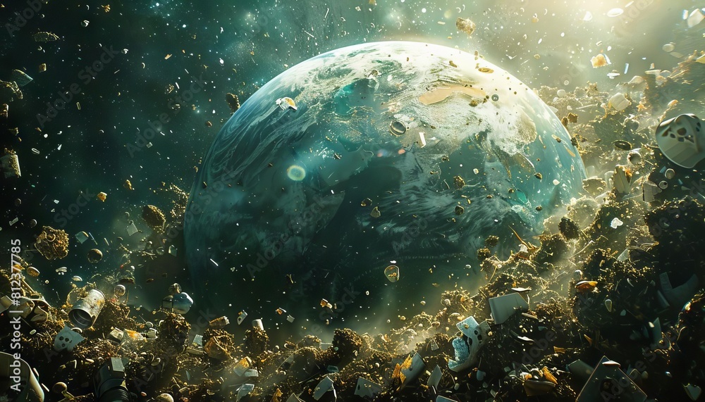Fototapeta premium A chilling scene of Earth being bombarded with trash from space, covering continents with waste
