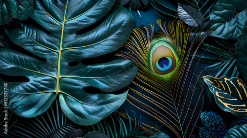 Peacock feather background,Animal bird background - Closeup of  peacock feathers, top view (Generative Ai)
 photo