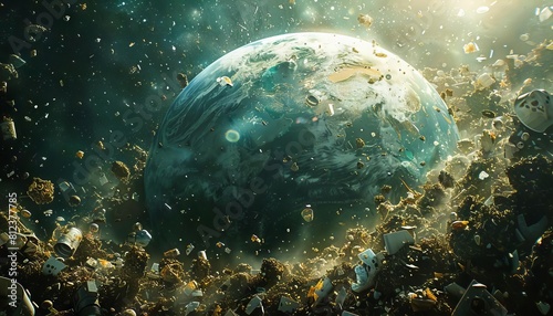 A chilling scene of Earth being bombarded with trash from space, covering continents with waste