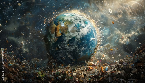 A chilling scene of Earth being bombarded with trash from space, covering continents with waste