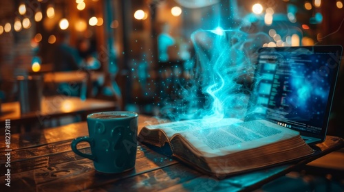 A modern coffee shop scene with a laptop open next to a vintage book with cracked pages. Knowledge streams upwards from the book in a neon blue aura, blending with the warm glow of the cafe lights. 
