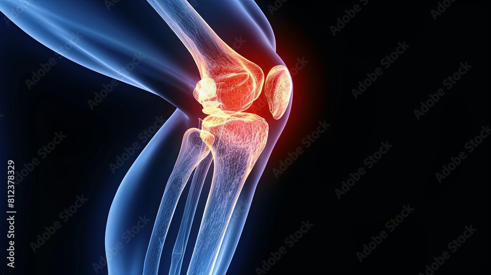 An X-ray blue of a knee with the knee joint highlighted in yellow ,MRI ...