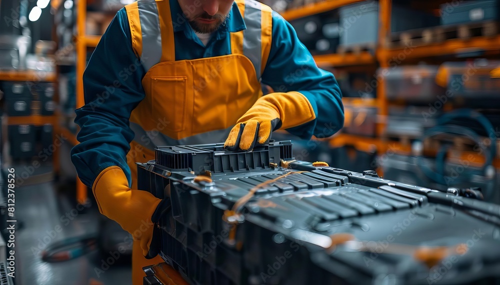 A closeup of an engineers hands installing a battery into an electric vehicle, tools spread out around A closeup of an engineers hands installing a battery into an electric vehicle, tools spread out around