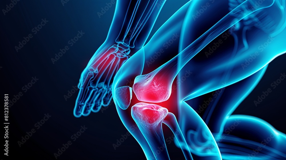 An X-ray blue of a knee with the knee joint highlighted in red ,MRI ...