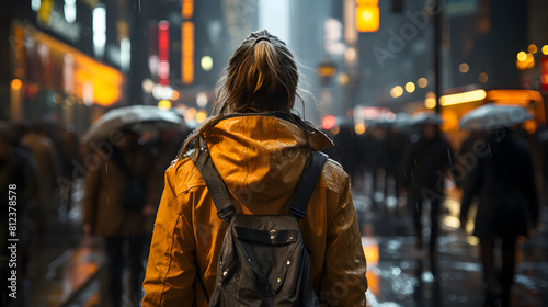 low angle street photography of a woman walking in the rain