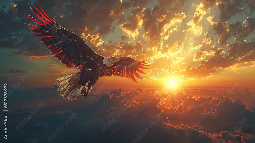 Fototapeta premium American flag waving in the wind with a majestic bald eagle flying in the foreground,generative ai