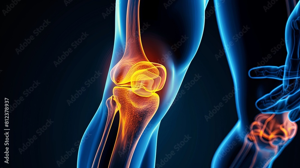 An X-ray blue of a knee with the knee joint highlighted in yellow ,MRI ...