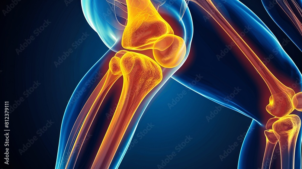 An X-ray blue of a knee with the knee joint highlighted in yellow ,MRI ...