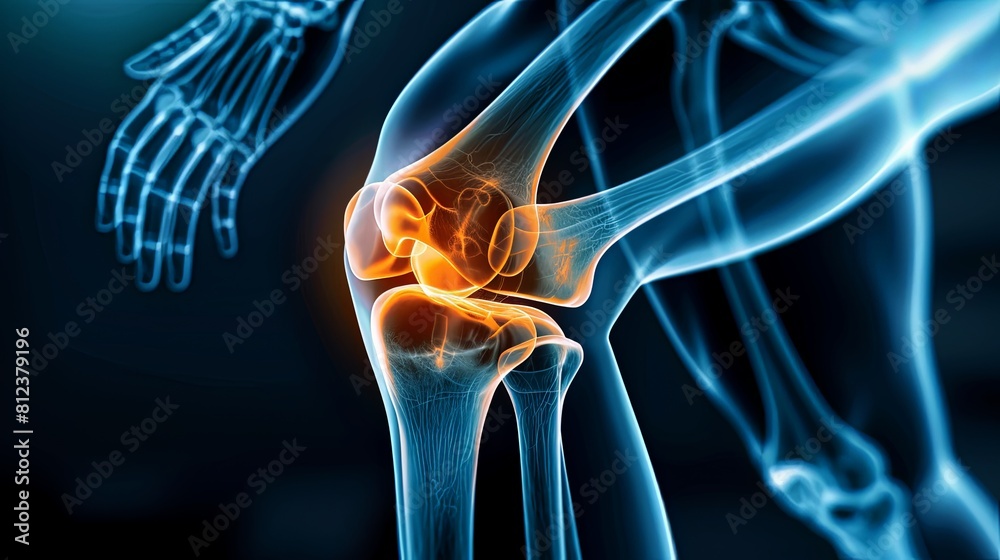 An X-ray blue of a knee with the knee joint highlighted in yellow ,MRI ...