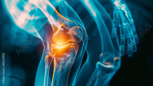 An X-ray blue of a knee with the knee joint highlighted in yellow  MRI scan of a human knee  joint  showing the bones and ligaments.