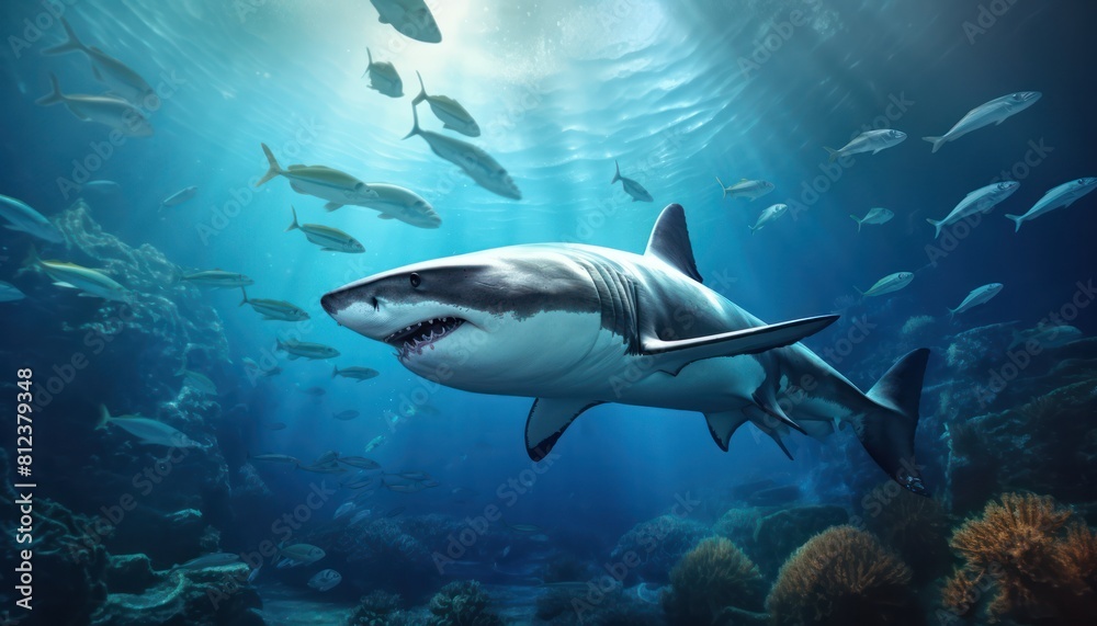 Great white shark in the ocean, portrait of White shark hunting prey in the underwater Great white shark in the ocean, portrait of White shark hunting prey in the underwater