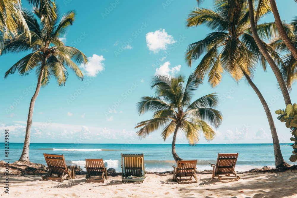 Beach chairs are placed on a beautiful beach with coconut trees. Beach chairs are placed on a beautiful beach with coconut trees.