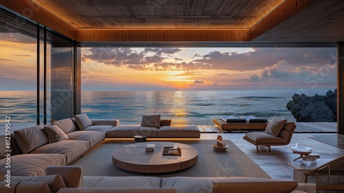 Luxurious oceanside living room with sunset and Japandi style photo
