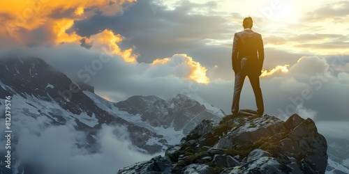 Successful businessman in suit conquers mountain peak symbolizing determination and ambition. Concept Business Success  Mountain Peak  Determination  Ambition  Conquering Challenges