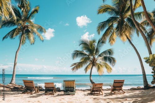 Beach chairs are placed on a beautiful beach with coconut trees.