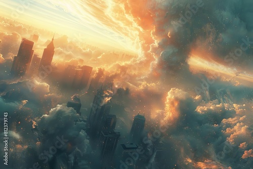 A conceptual art piece showing a cityscape with clouds made of swirling dust and particles, hovering ominously