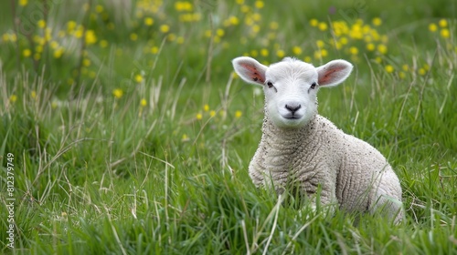 Lamb sitting in grass  baby sheep during lambing season  springtime