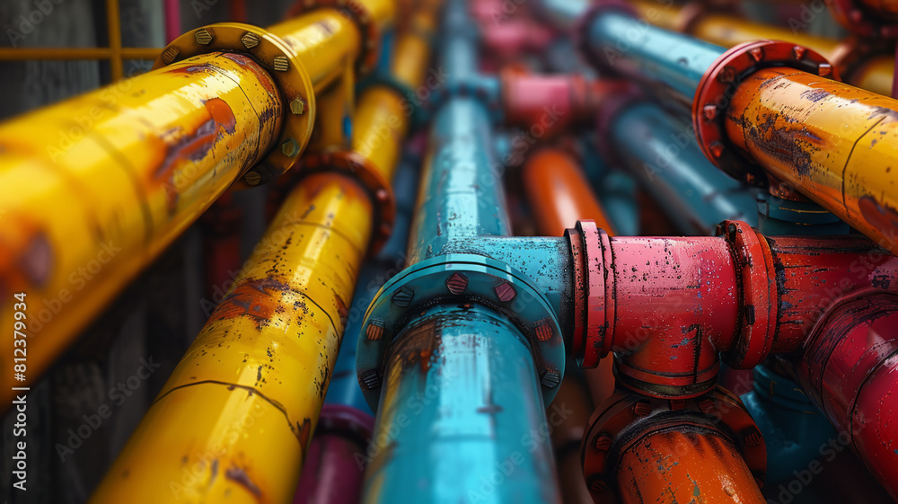 Fototapeta premium a VERY very dense network of multicolored plumbing pipes.generative ai