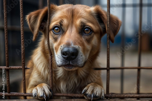 A dog with sad eyes looks out from behind a metal fence