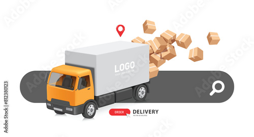 Delivery and online shopping concept, yellow-white truck has parcel or cardboard box on back with map pin showing where to deliver product to customer and all on top of search icon, vector 3d isolated