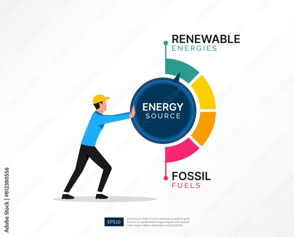 Man turning an energy source transition button to switch from fossil fuels to renewable energies, future clean alternative energy concept Man turning an energy source transition button to switch from fossil fuels to renewable energies, future clean alternative energy concept