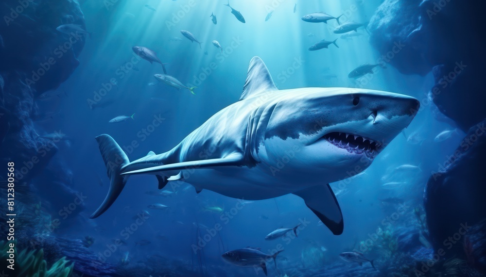 Obraz premium Great white shark in the ocean, portrait of White shark hunting prey in the underwater