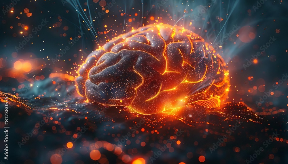 A conceptual artwork showing a brain with glowing fiber optics, representing neural connections A conceptual artwork showing a brain with glowing fiber optics, representing neural connections