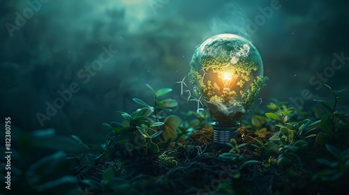 A conceptual illustration of Earth as a giant, glowing light bulb, powered by green energy sources like wind turbines and solar panels © ZeNDaY