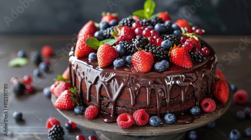 Luxurious chocolate cake adorned with fresh berries and glaze