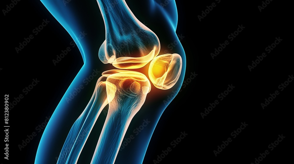 An X-ray blue of a knee with the knee joint highlighted in yellow ,MRI ...
