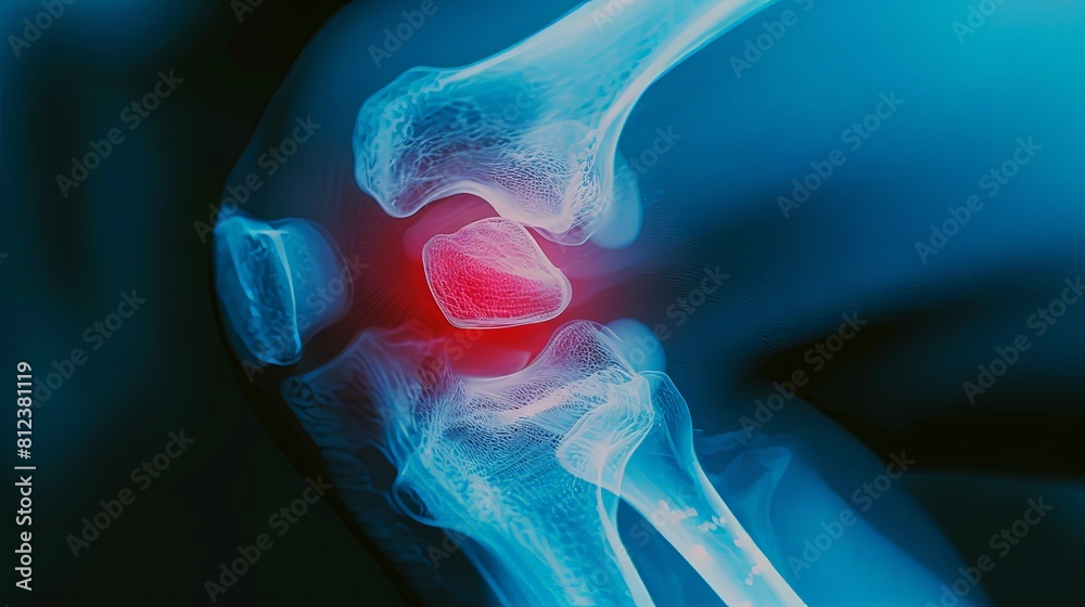 An X-ray blue of a knee with the knee joint highlighted in red ,MRI ...