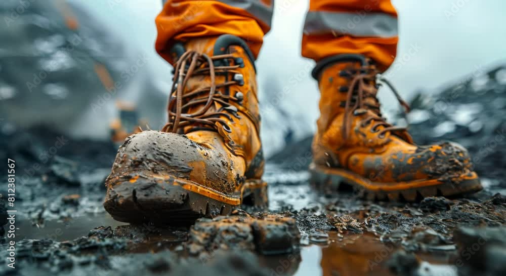 Detailed view of construction worker safety equipment Focus on gloves and boots. Detailed view of construction worker safety equipment Focus on gloves and boots.