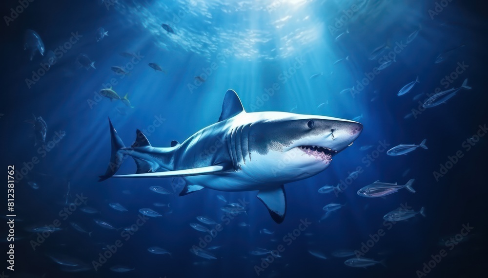Great white shark in the ocean, portrait of White shark hunting prey in the underwater Great white shark in the ocean, portrait of White shark hunting prey in the underwater