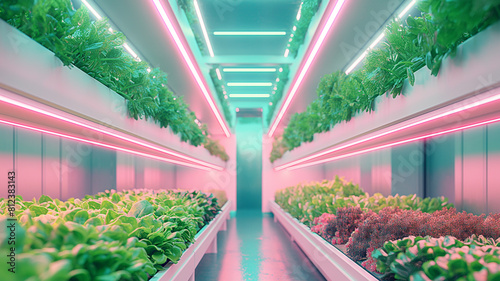 Vegetable hydroponic farm. Green lettuce growing in hydroponic farm with pink LED lights. Selective focus.
 photo