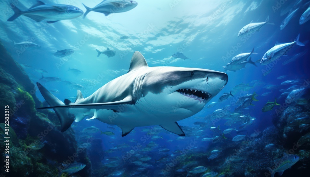 Great white shark in the ocean, portrait of White shark hunting prey in the underwater Great white shark in the ocean, portrait of White shark hunting prey in the underwater