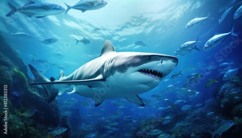 Great white shark in the ocean, portrait of White shark hunting prey in the underwater