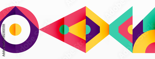 A creative arts logo featuring triangles, rectangles, and a circle in magenta tints and shades on a white background. This educational toy promotes symmetry and pattern recognition
