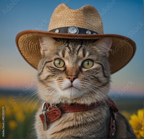 cat wearing a cowboy hat and yellow flower background
