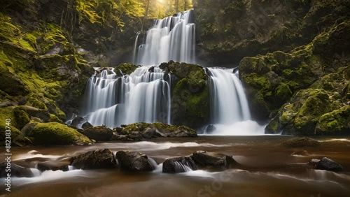 Waterfall in the mountains. Timeslapse 4k video animation background photo