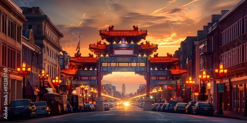 Chinatown Arch in Washington DC USA iconic landmark in bustling city centered copy space. Concept Chinatown Arch, Washington DC, USA, Landmark Photography, Cityscape, Copy Space photo