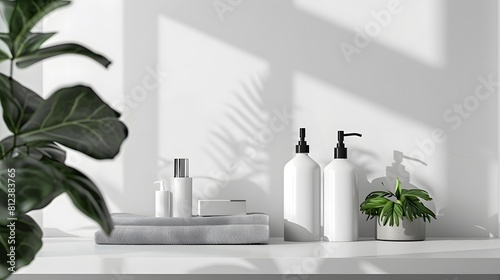 Minimalist white background for a product mockup of two cosmetic bottles and a plant on a table  with copy space.  