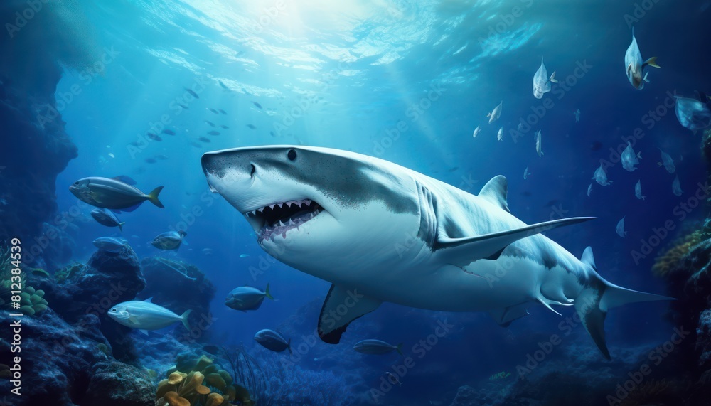 Great white shark in the ocean, portrait of White shark hunting prey in the underwater